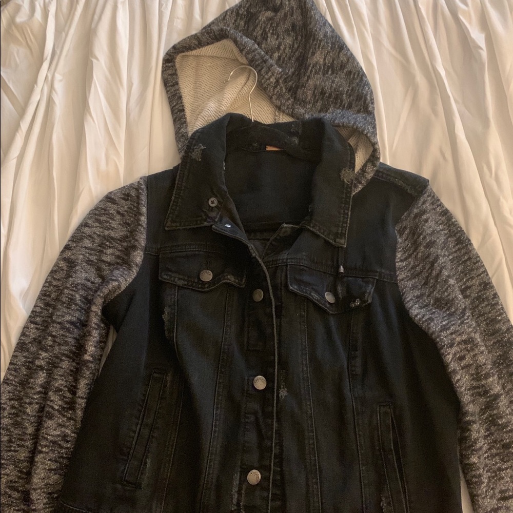 Women's Black and Gray Hooded Denim Jacket